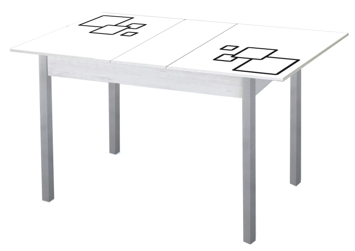Стол обеденный раздвижной с фотопечатью Альфа Квадраты на белом/Серебристый металлик